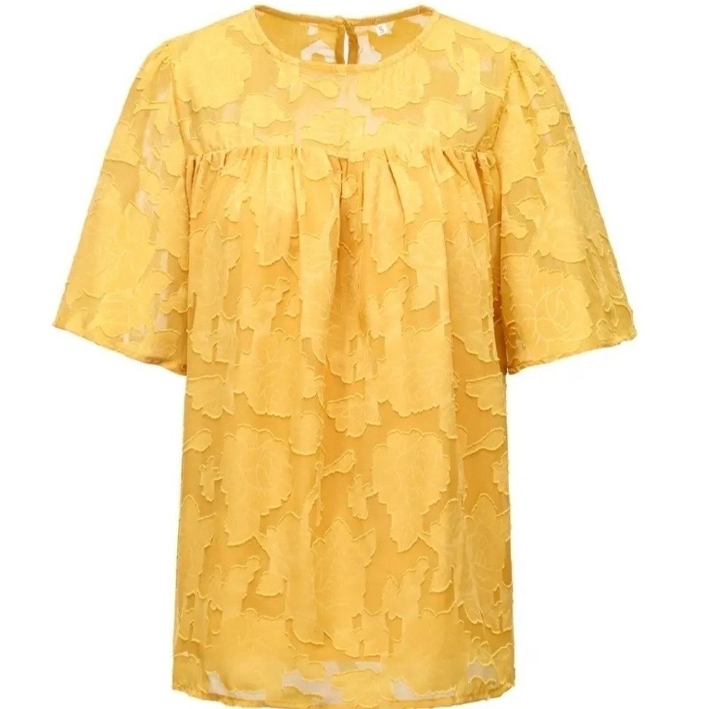 Casual Lace Flare Sleeve Blouse, Short Sleeve Crew Neck Solid Blouse. - Picture 4 of 12